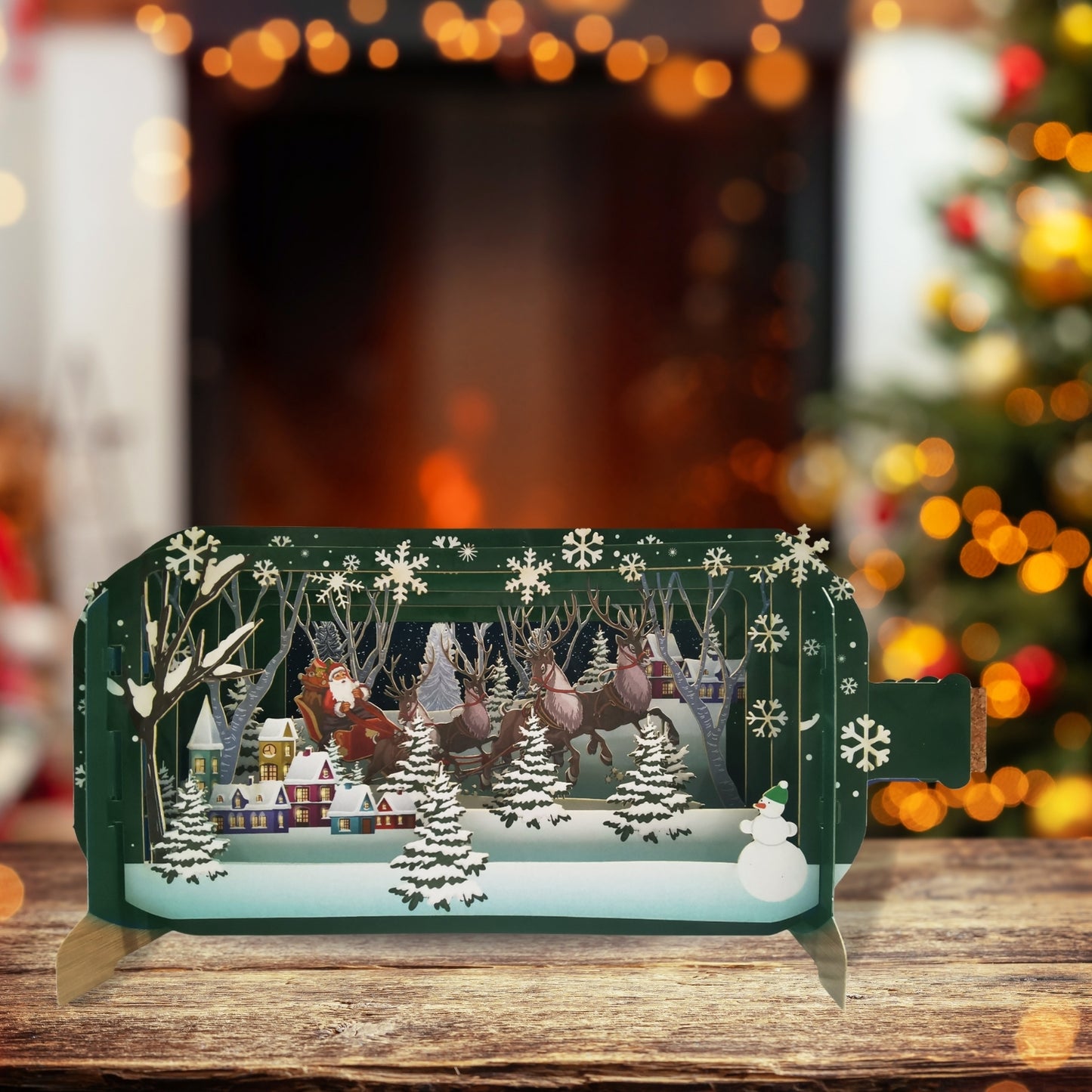 Message In A Bottle Reindeers Pulling Santa Pop Up Christmas Greeting Card