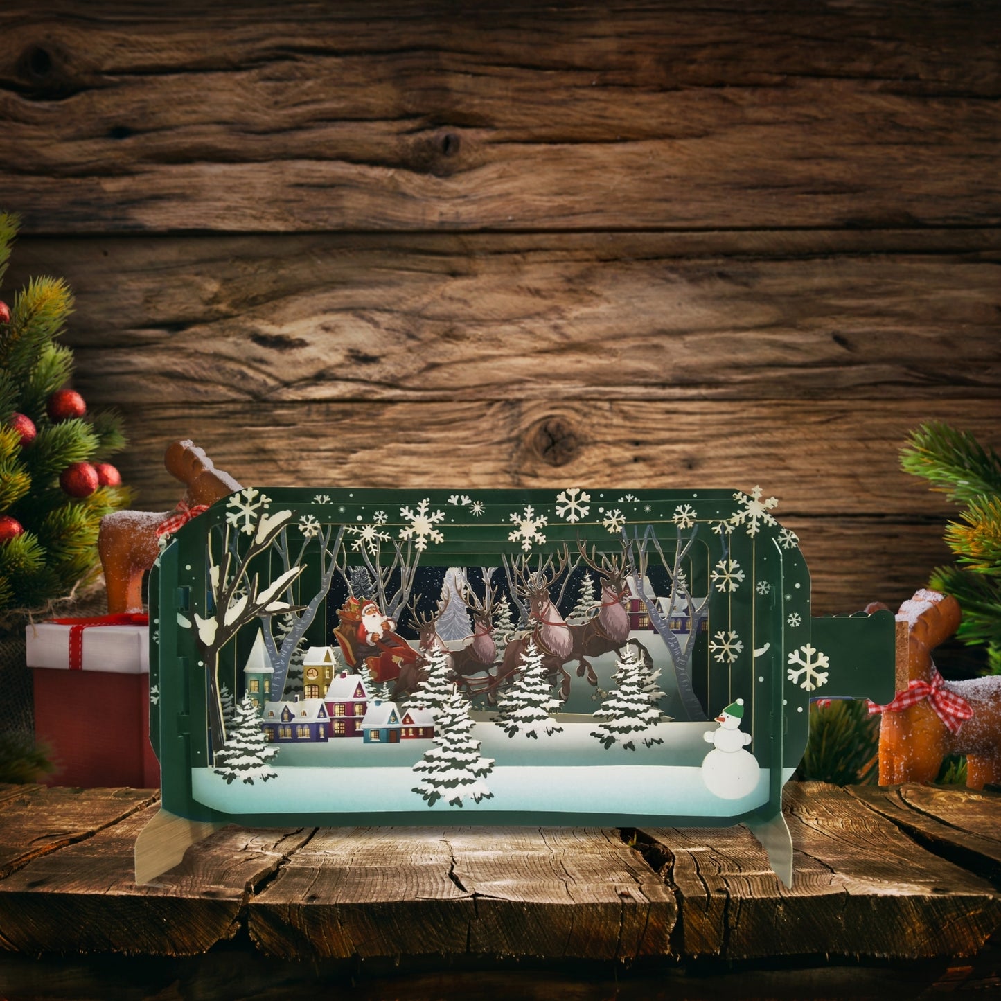 Message In A Bottle Reindeers Pulling Santa Pop Up Christmas Greeting Card