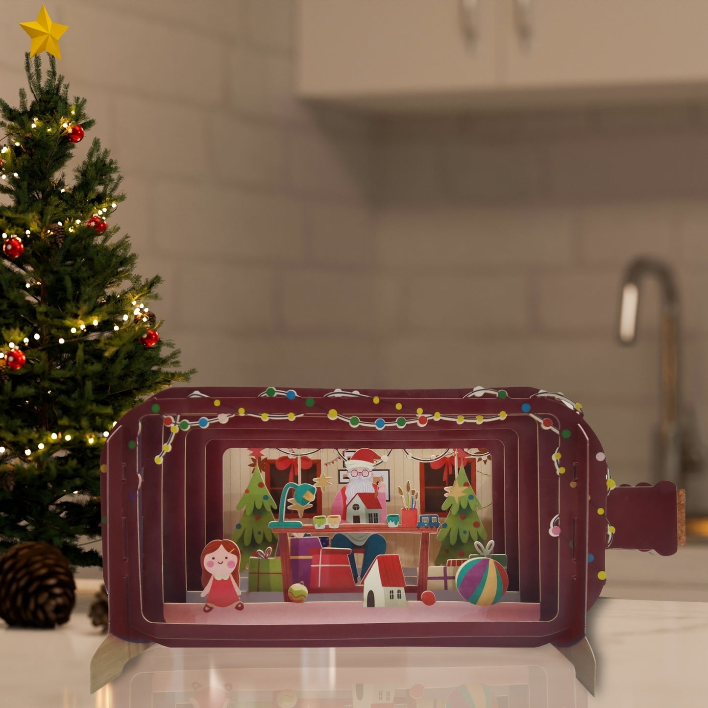 Message In A Bottle Santa's Toy Workshop Pop Up Christmas Greeting Card