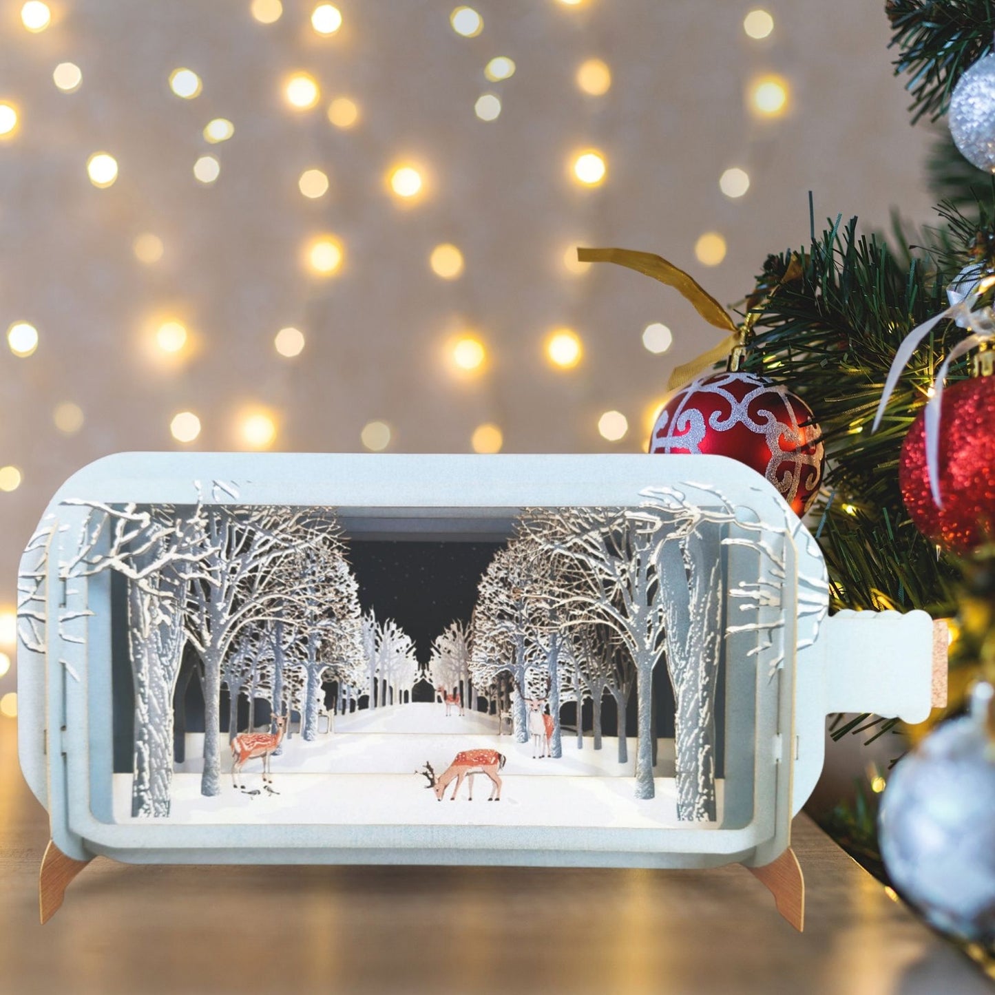 Message In A Bottle 3D Pop Up Christmas Card Snowy Woodland Deer Xmas Greeting