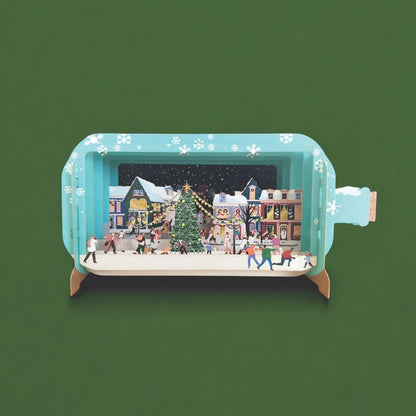 Message In A Bottle 3D Pop Up Christmas Card Winter Village Xmas Greeting Cards