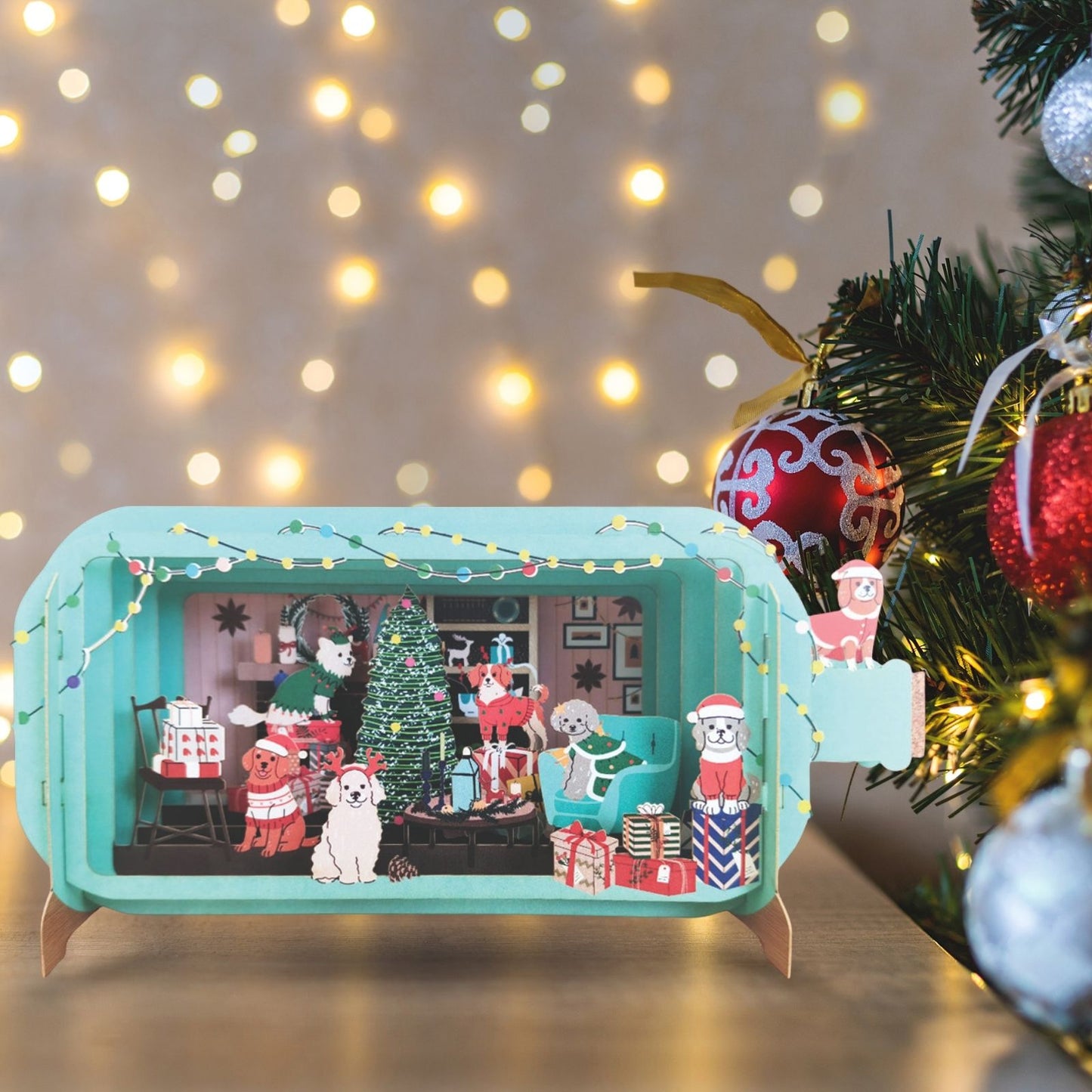Message In A Bottle 3D Pop Up Christmas Card Festive Dogs Xmas Greeting Cards