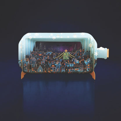 Message In A Bottle 3D Pop Up Christmas Card Festive Town At Night Xmas Greeting