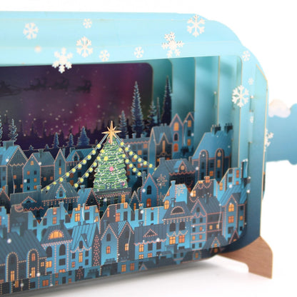 Message In A Bottle 3D Pop Up Christmas Card Festive Town At Night Xmas Greeting