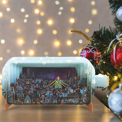 Message In A Bottle 3D Pop Up Christmas Card Festive Town At Night Xmas Greeting