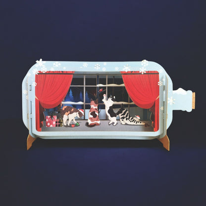 Message In A Bottle 3D Pop Up Christmas Card Festive Cats Playing Xmas Greeting
