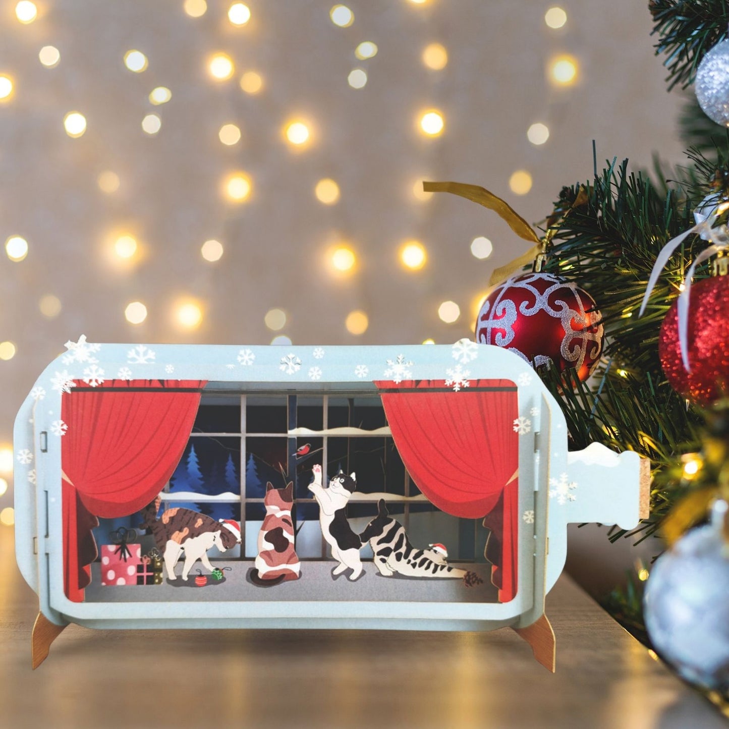 Message In A Bottle 3D Pop Up Christmas Card Festive Cats Playing Xmas Greeting