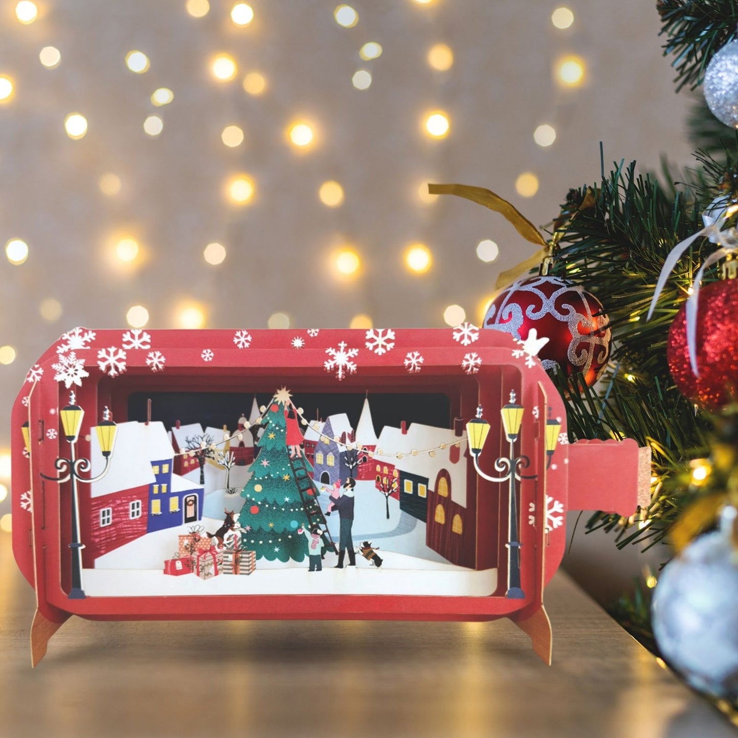 Message In A Bottle 3D Pop Up Christmas Card Decorating Village Tree Xmas Cards