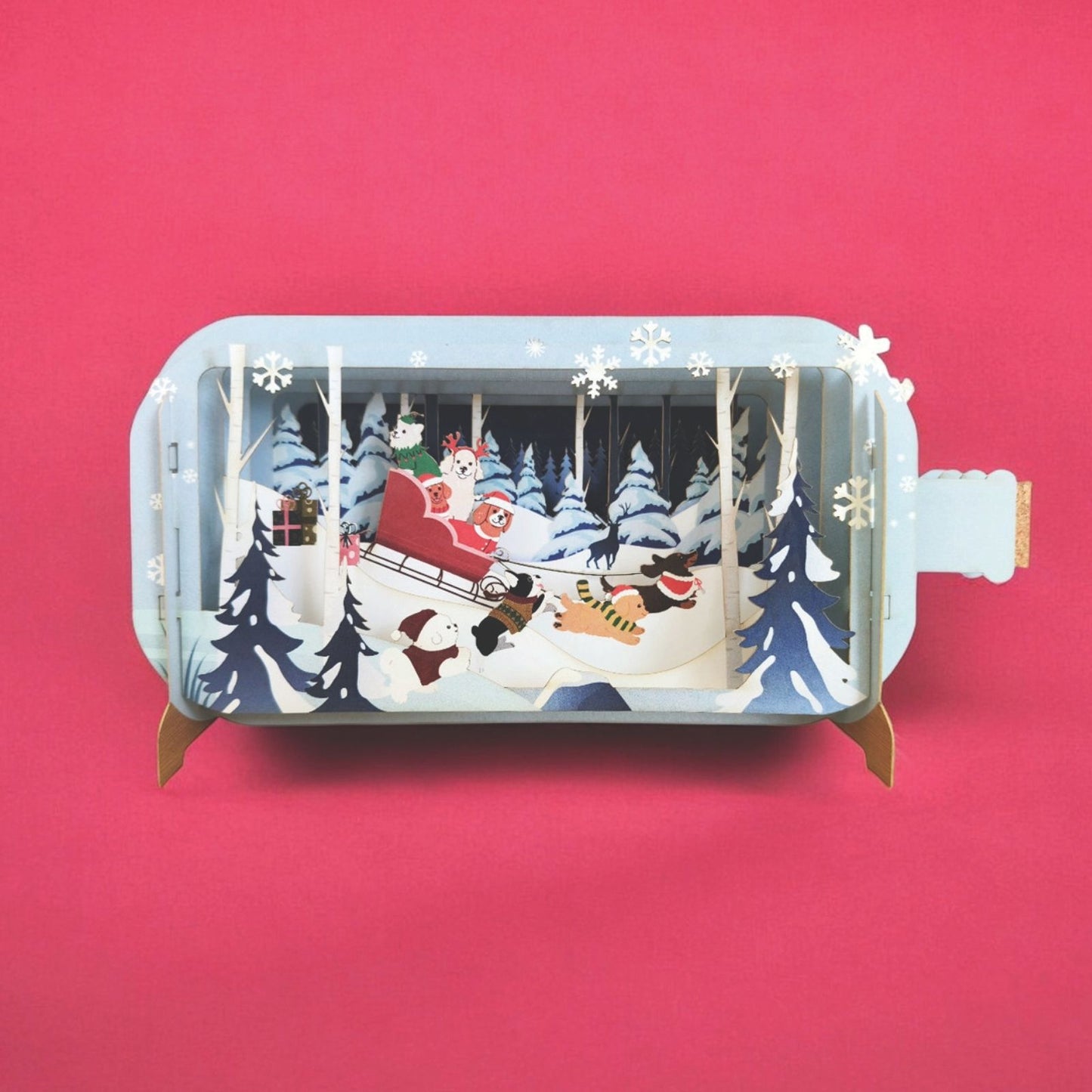 Message In A Bottle 3D Pop Up Christmas Card Festive Dogs & Sleigh Xmas Greeting