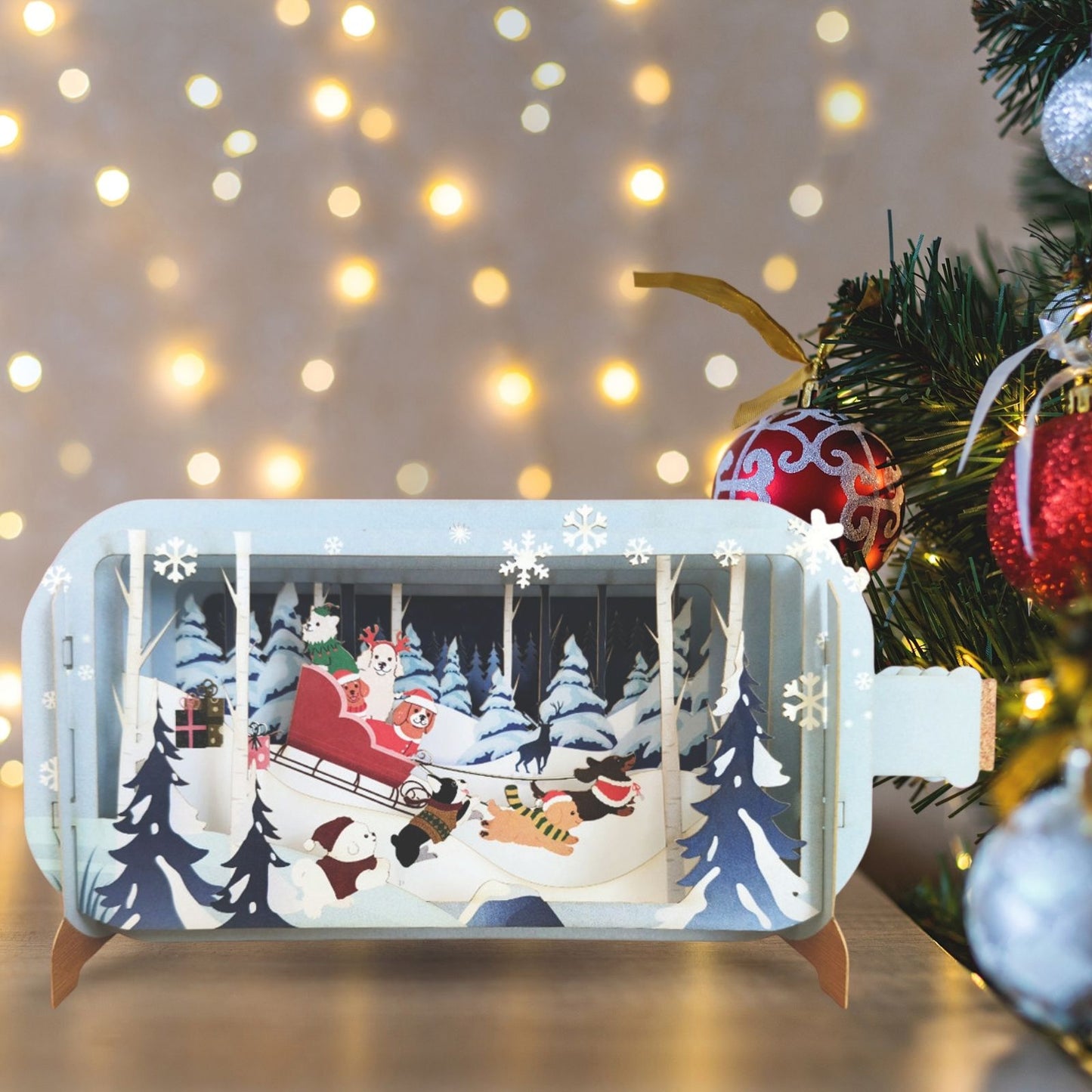 Message In A Bottle 3D Pop Up Christmas Card Festive Dogs & Sleigh Xmas Greeting