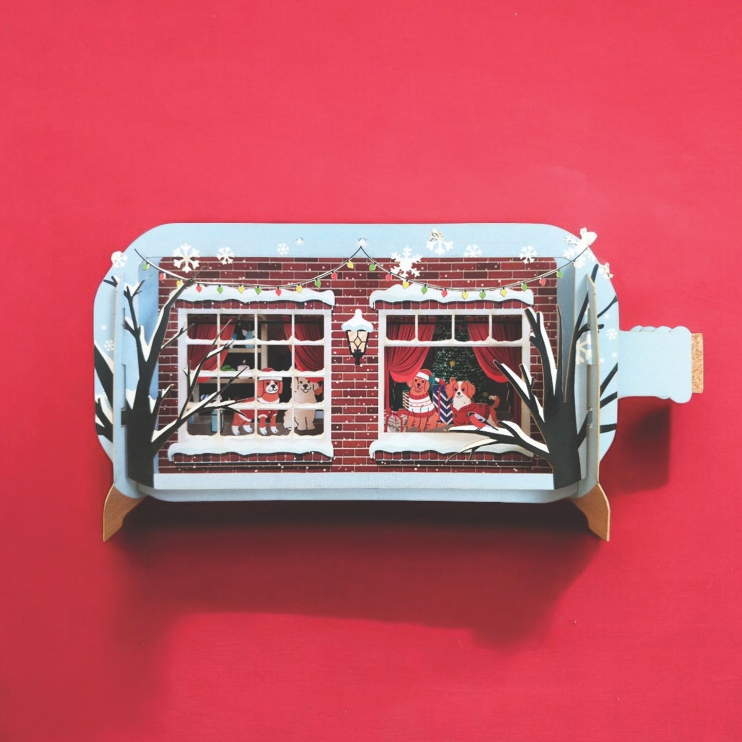 Message In A Bottle 3D Pop Up Christmas Card Festive Dogs At Window Xmas Cards