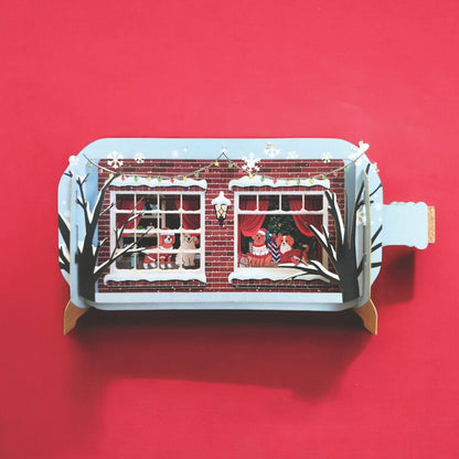Message In A Bottle 3D Pop Up Christmas Card Festive Dogs At Window Xmas Cards