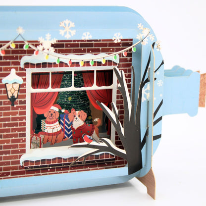 Message In A Bottle 3D Pop Up Christmas Card Festive Dogs At Window Xmas Cards