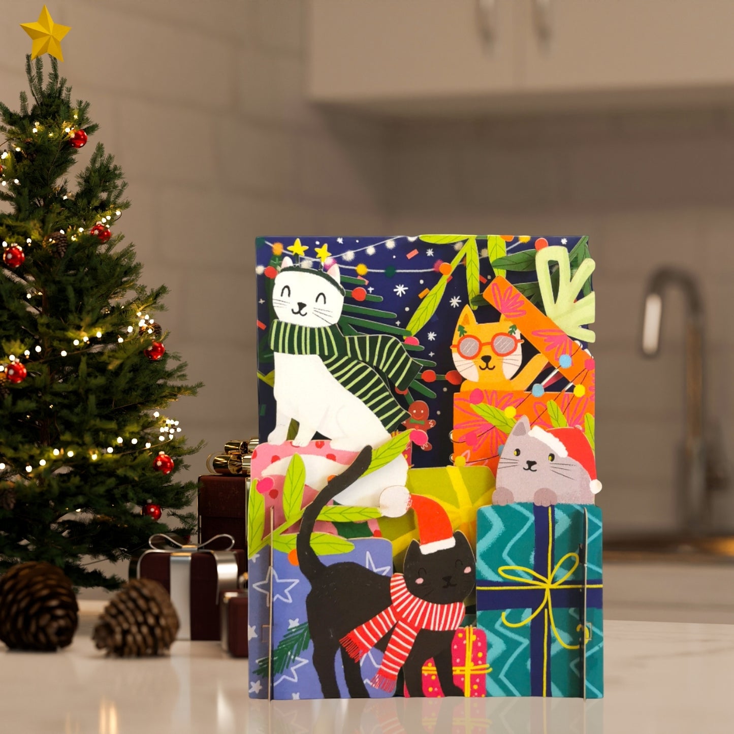 Alljoy 3D Xmas Cats Purrfectly Festive Pop Up Christmas Greeting Card