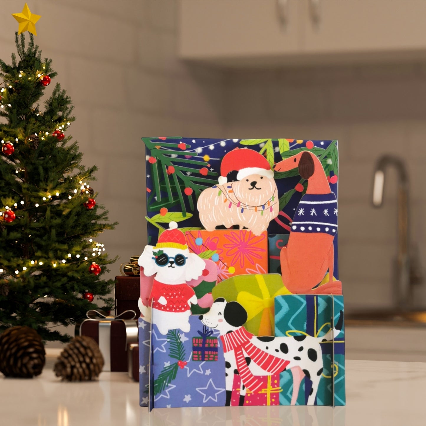 Alljoy 3D Xmas Festive Dogs Pop Up Christmas Greeting Card