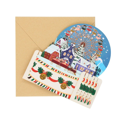 Pop Up 3D Christmas Card Winter Village Fair Freestanding Xmas Greeting Cards