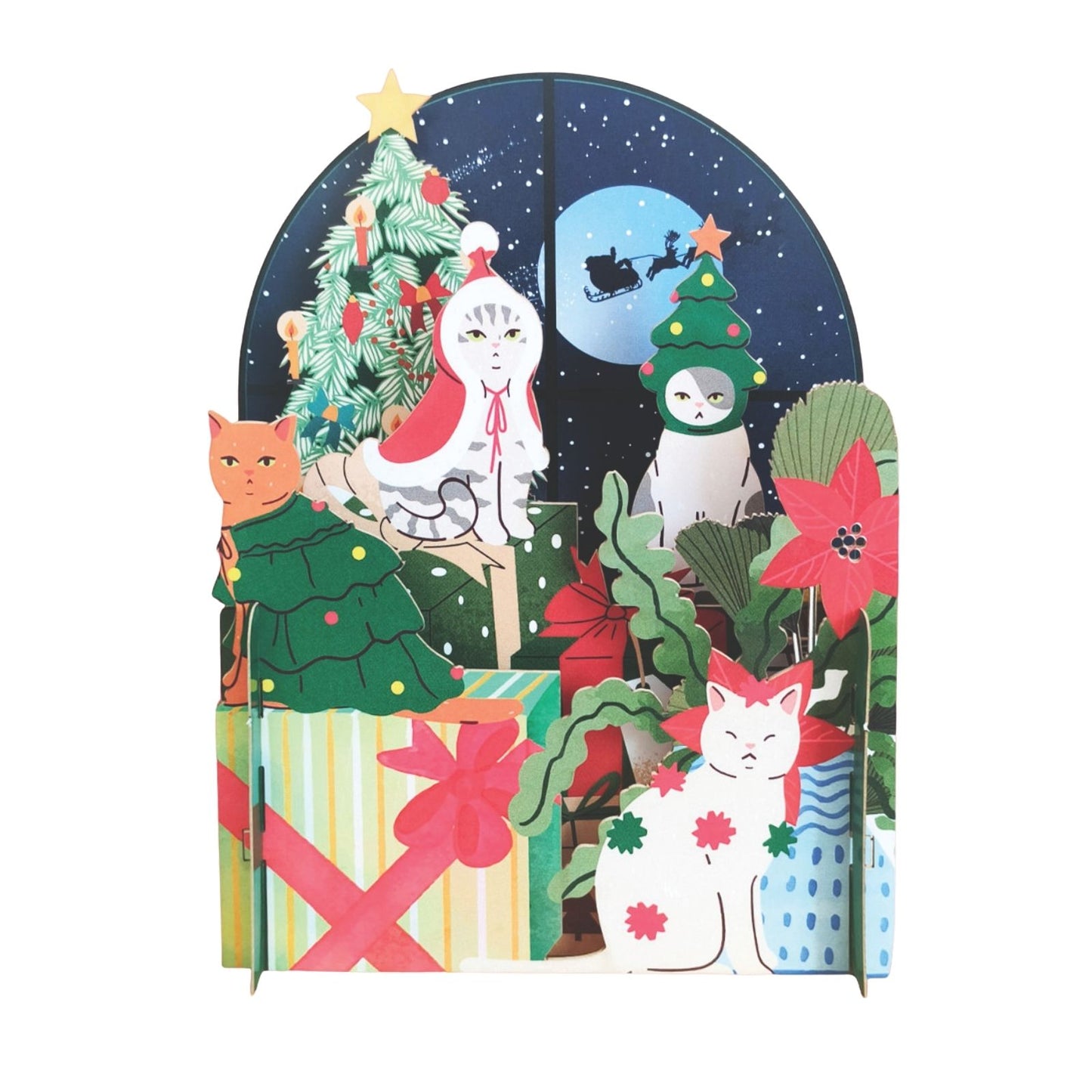 Pop Up 3D Christmas Card Festive Decorated Cats Freestanding Xmas Greeting Cards