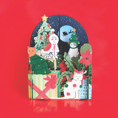 Pop Up 3D Christmas Card Festive Decorated Cats Freestanding Xmas Greeting Cards