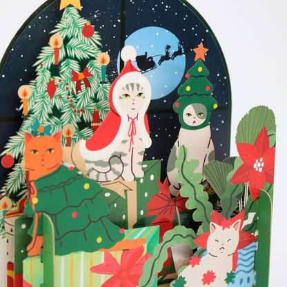 Pop Up 3D Christmas Card Festive Decorated Cats Freestanding Xmas Greeting Cards