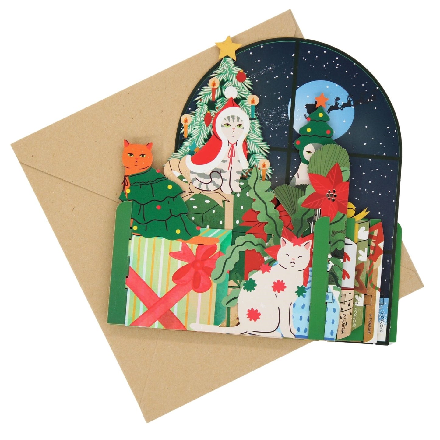 Pop Up 3D Christmas Card Festive Decorated Cats Freestanding Xmas Greeting Cards