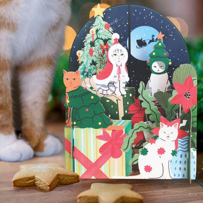 Pop Up 3D Christmas Card Festive Decorated Cats Freestanding Xmas Greeting Cards