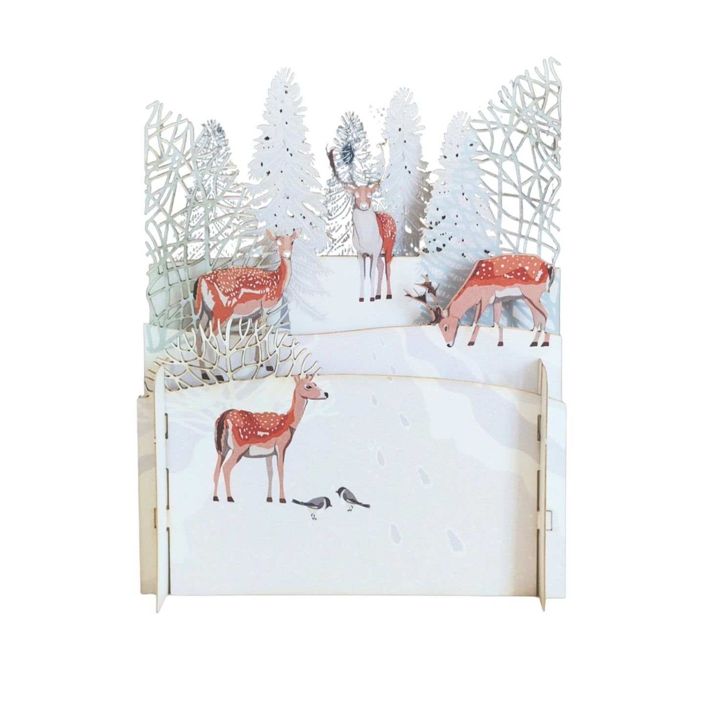 Pop Up 3D Christmas Card Snowy Winter Deer Freestanding Xmas Greeting Cards