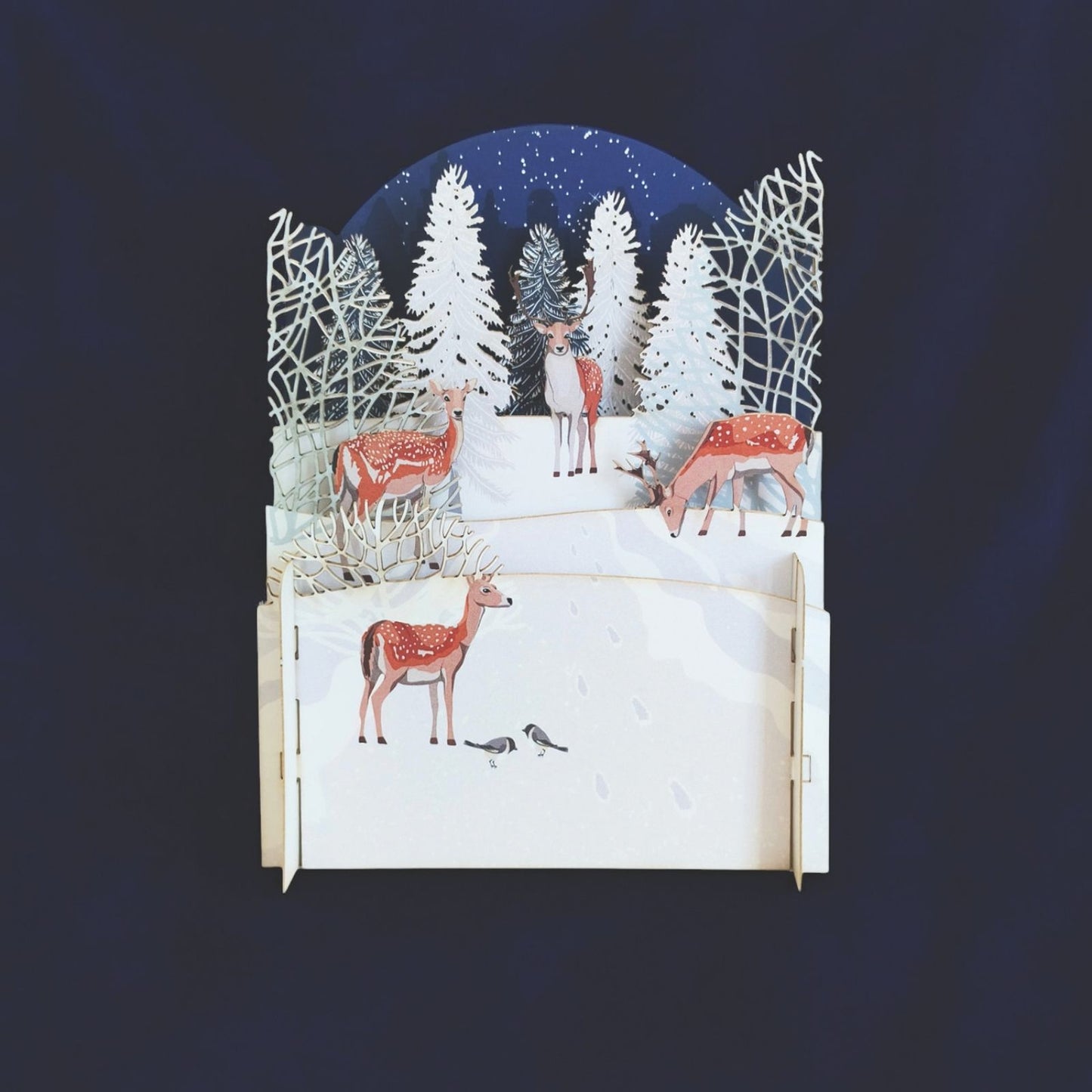 Pop Up 3D Christmas Card Snowy Winter Deer Freestanding Xmas Greeting Cards