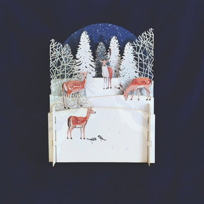 Pop Up 3D Christmas Card Snowy Winter Deer Freestanding Xmas Greeting Cards