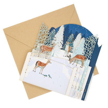 Pop Up 3D Christmas Card Snowy Winter Deer Freestanding Xmas Greeting Cards