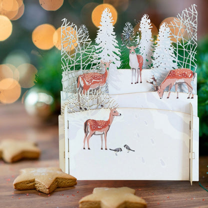 Pop Up 3D Christmas Card Snowy Winter Deer Freestanding Xmas Greeting Cards