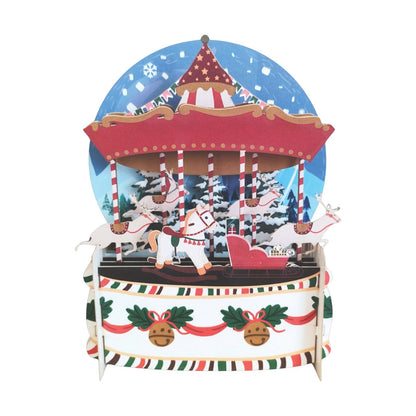 Pop Up 3D Christmas Card Festive Snowy Carousel Freestanding Xmas Greeting Cards