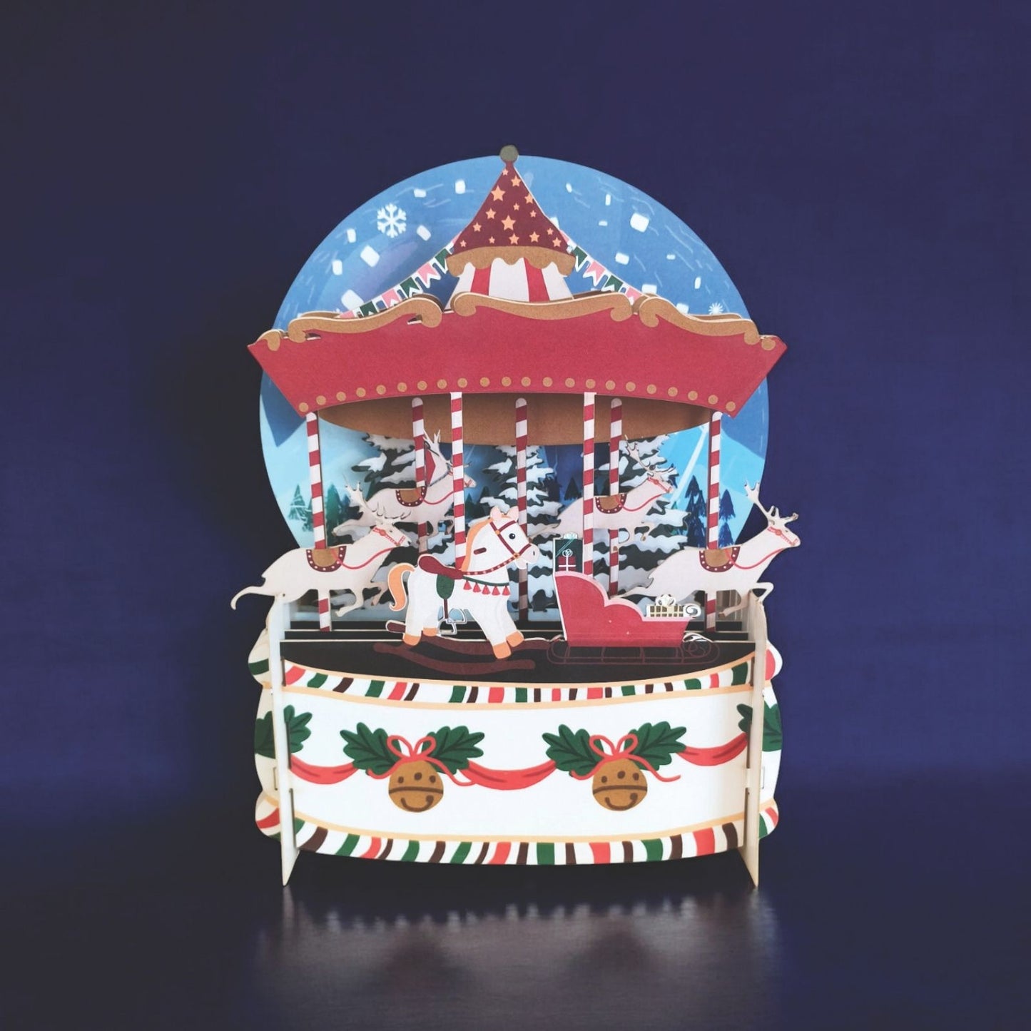 Pop Up 3D Christmas Card Festive Snowy Carousel Freestanding Xmas Greeting Cards