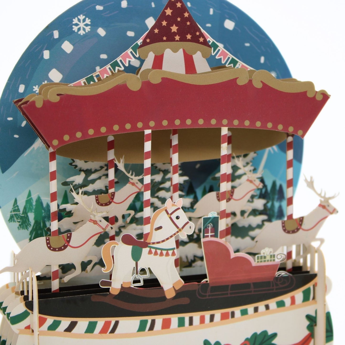 Pop Up 3D Christmas Card Festive Snowy Carousel Freestanding Xmas Greeting Cards
