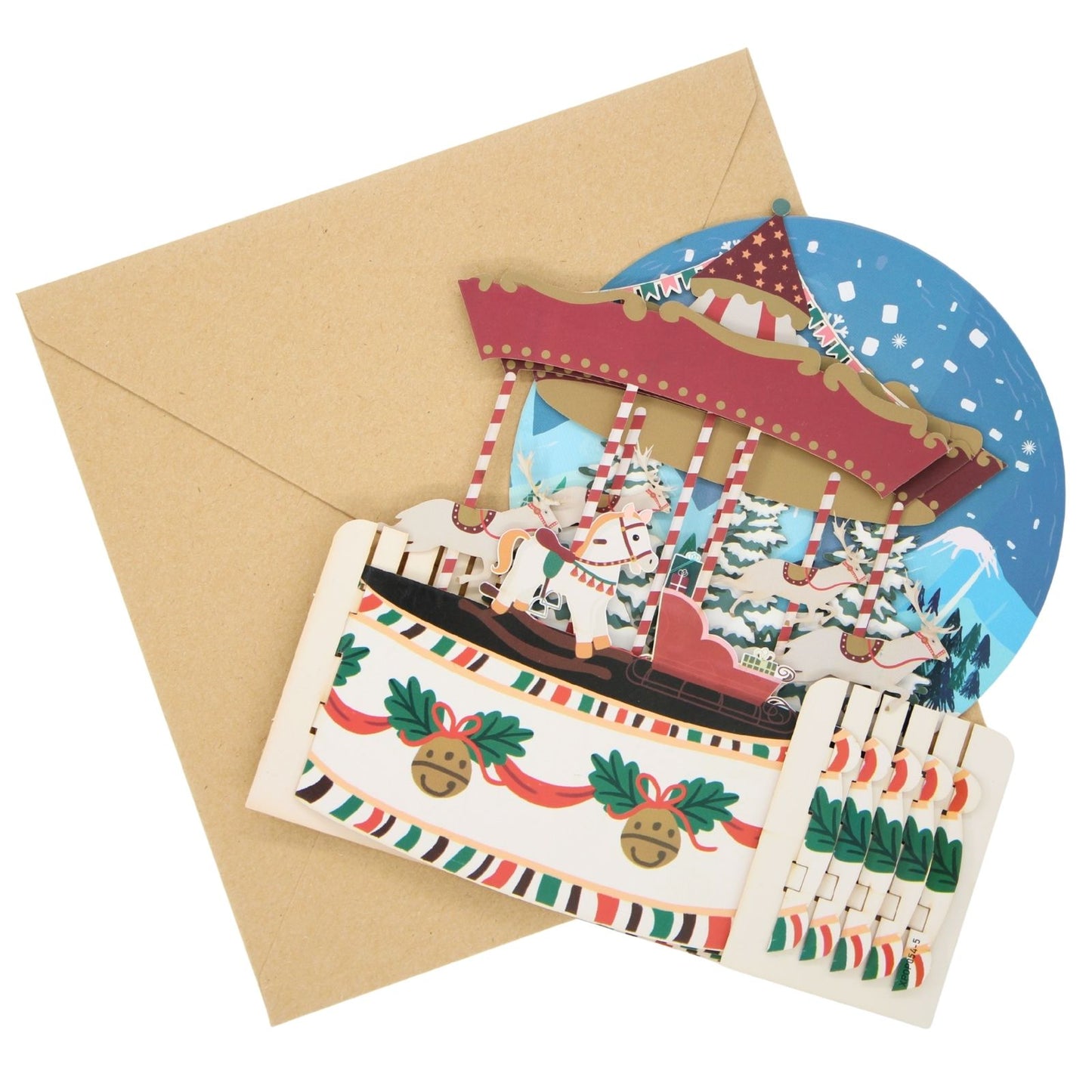 Pop Up 3D Christmas Card Festive Snowy Carousel Freestanding Xmas Greeting Cards