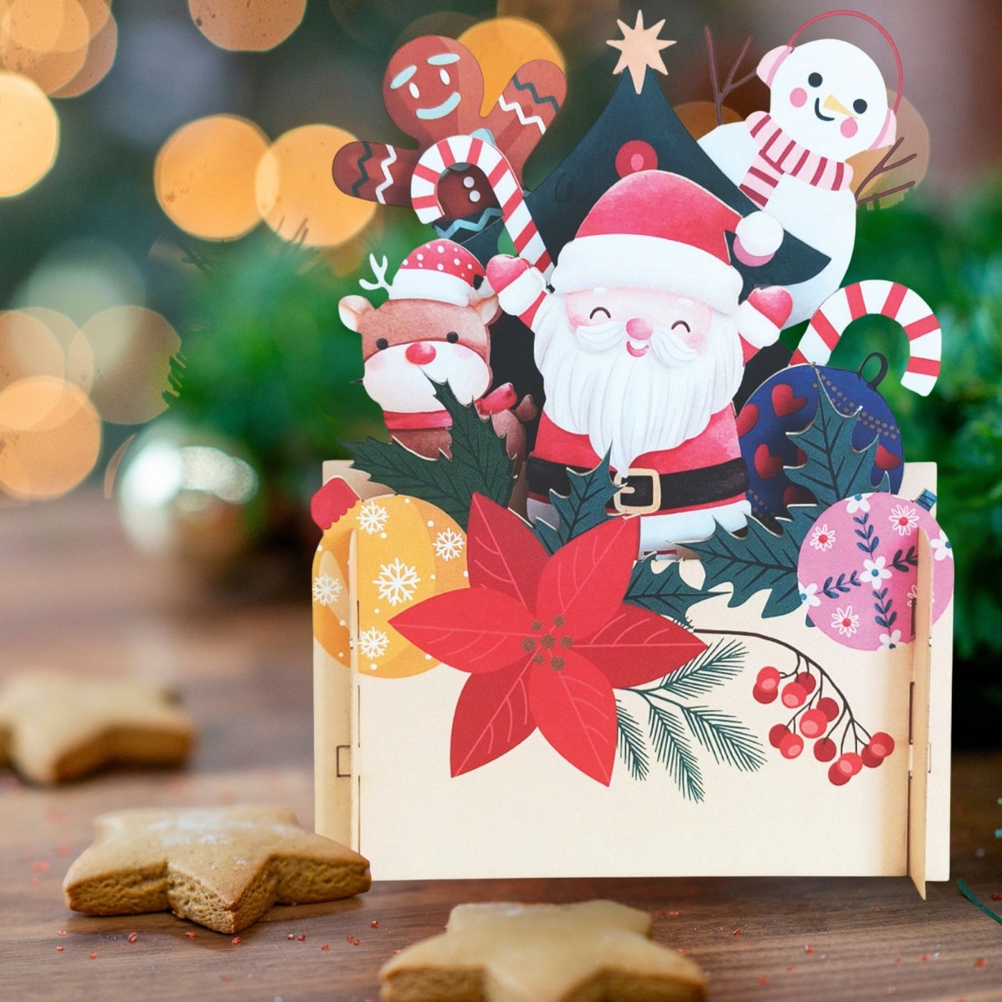 Pop Up 3D Christmas Card Cute Santa & Friends Freestanding Xmas Greeting Cards