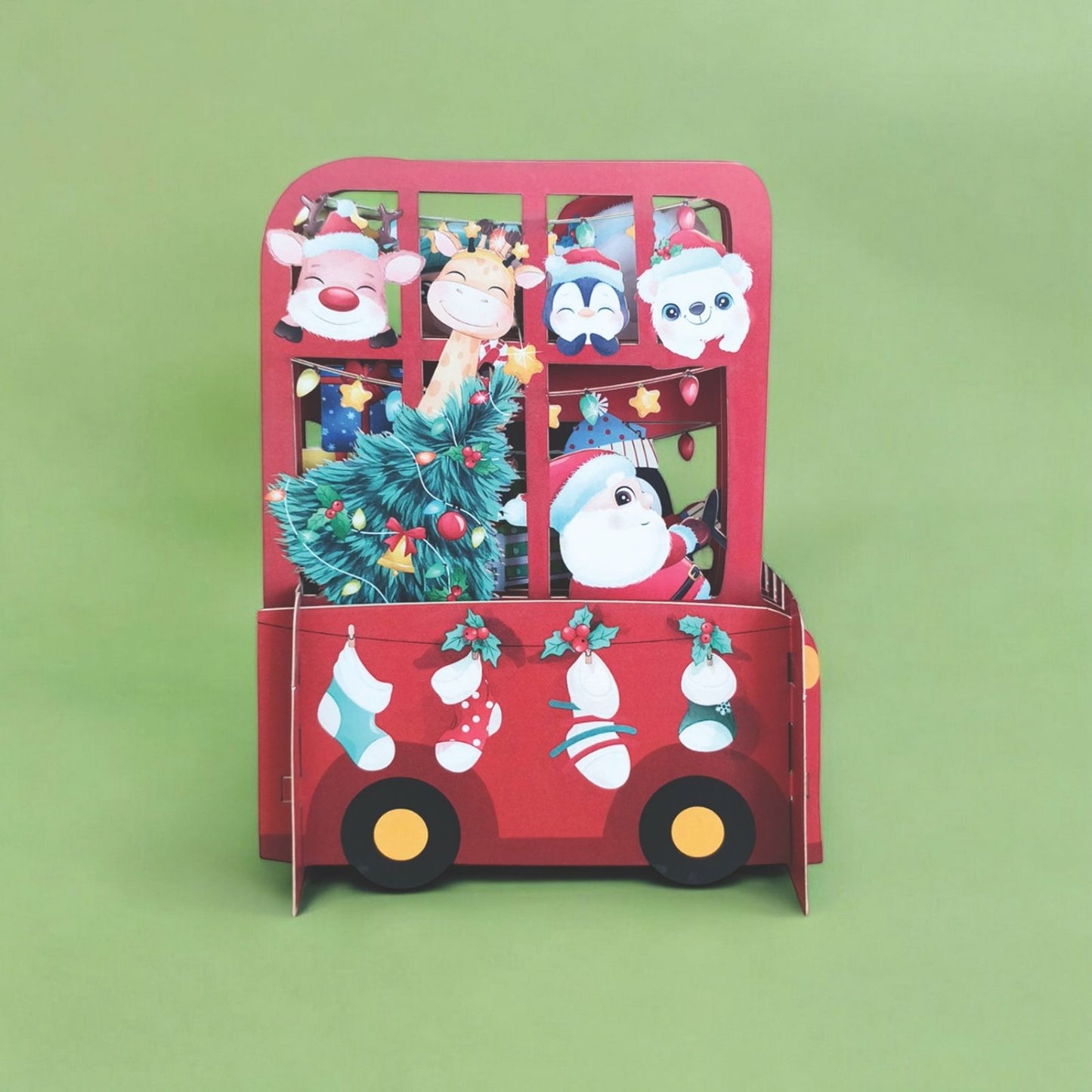 Pop Up 3D Christmas Card Cute Santa's Bus Freestanding Xmas Greeting Cards
