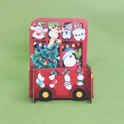 Pop Up 3D Christmas Card Cute Santa's Bus Freestanding Xmas Greeting Cards