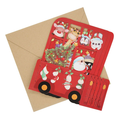Pop Up 3D Christmas Card Cute Santa's Bus Freestanding Xmas Greeting Cards