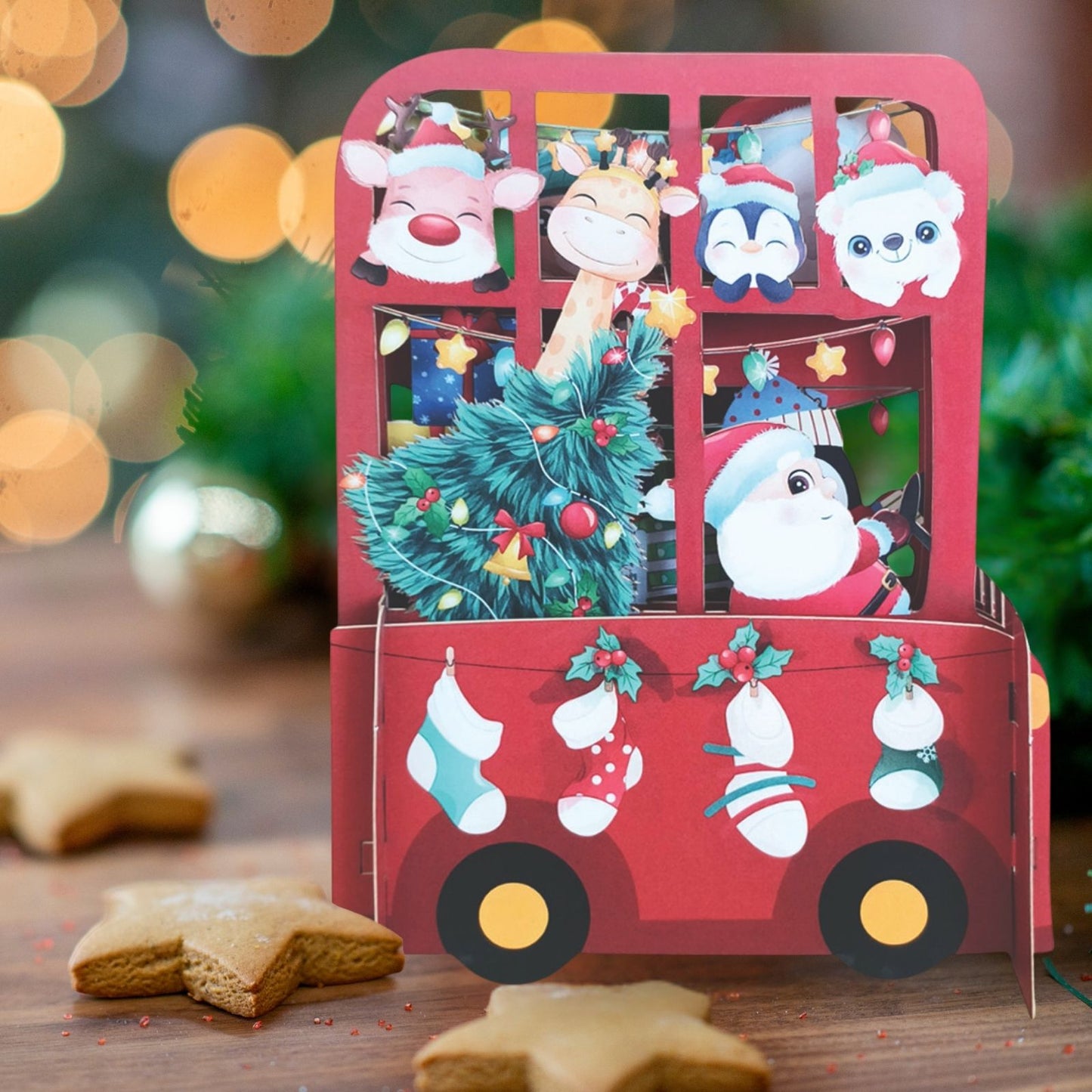 Pop Up 3D Christmas Card Cute Santa's Bus Freestanding Xmas Greeting Cards