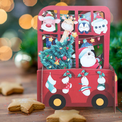 Pop Up 3D Christmas Card Cute Santa's Bus Freestanding Xmas Greeting Cards