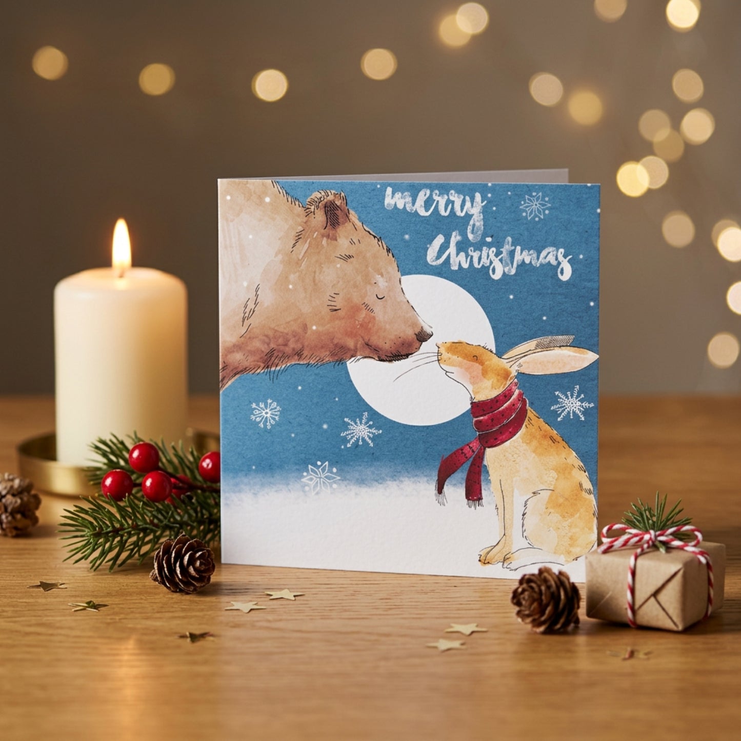 Pack of 8 Bear & Hare Snow Scene Mini Charity Christmas Cards