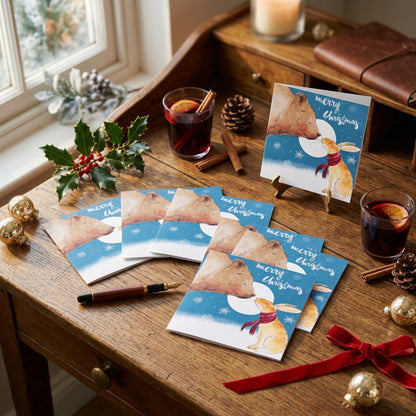 Pack of 8 Bear & Hare Snow Scene Mini Charity Christmas Cards
