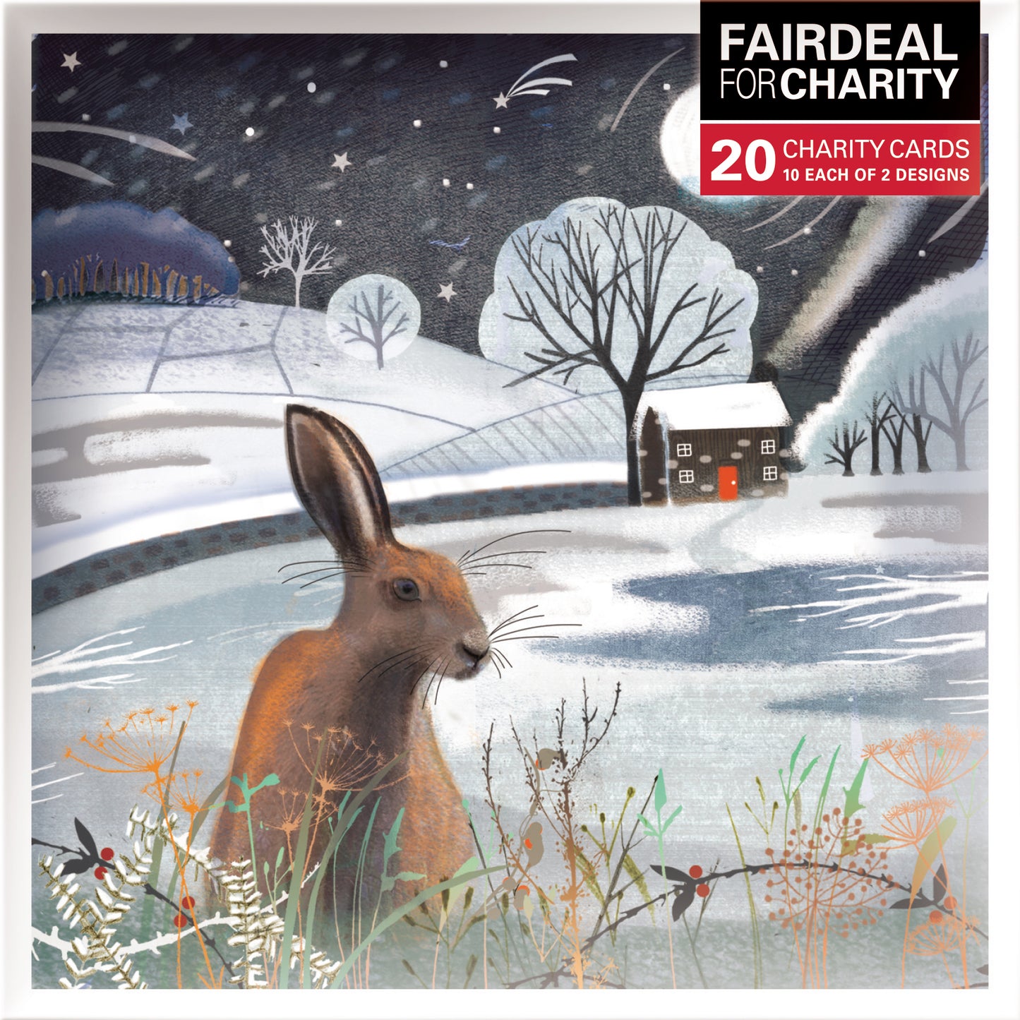 Box of 20 Moonlight Winter Hares Fairdeal Charity Christmas Cards