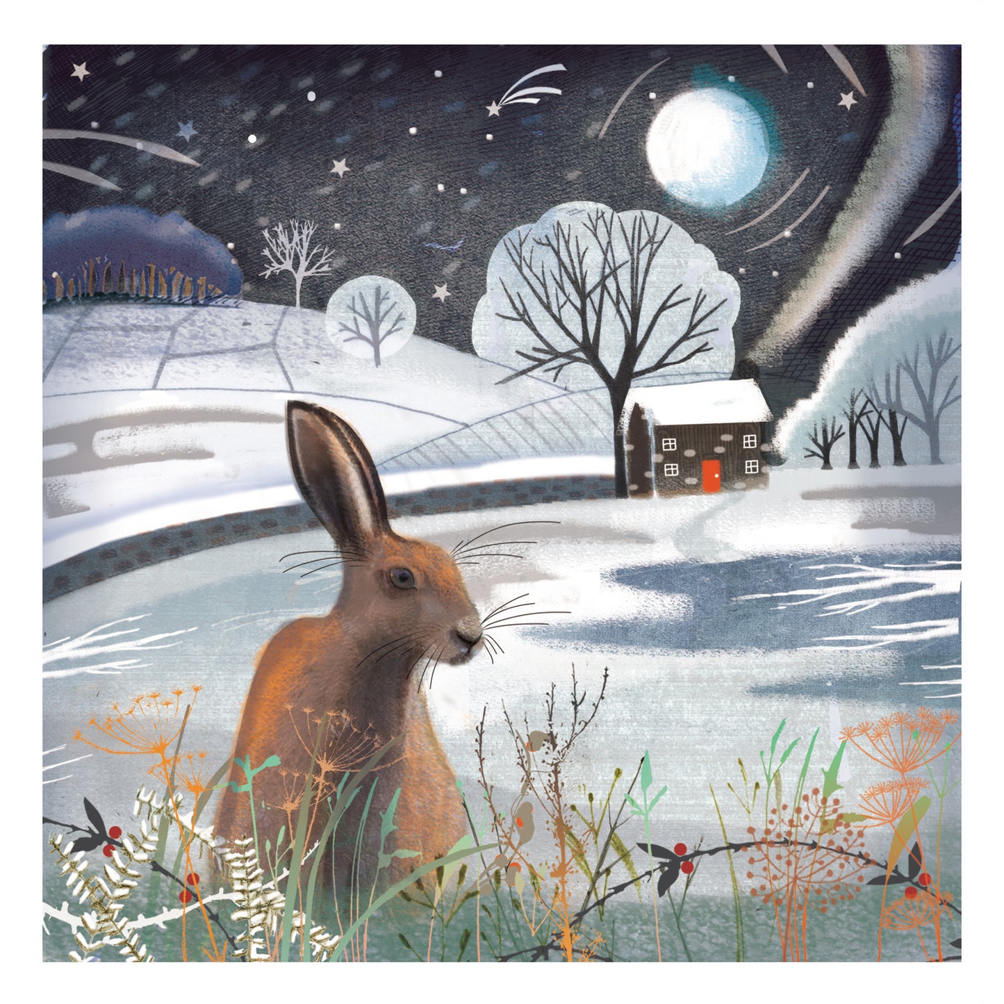 Box of 20 Moonlight Winter Hares Fairdeal Charity Christmas Cards