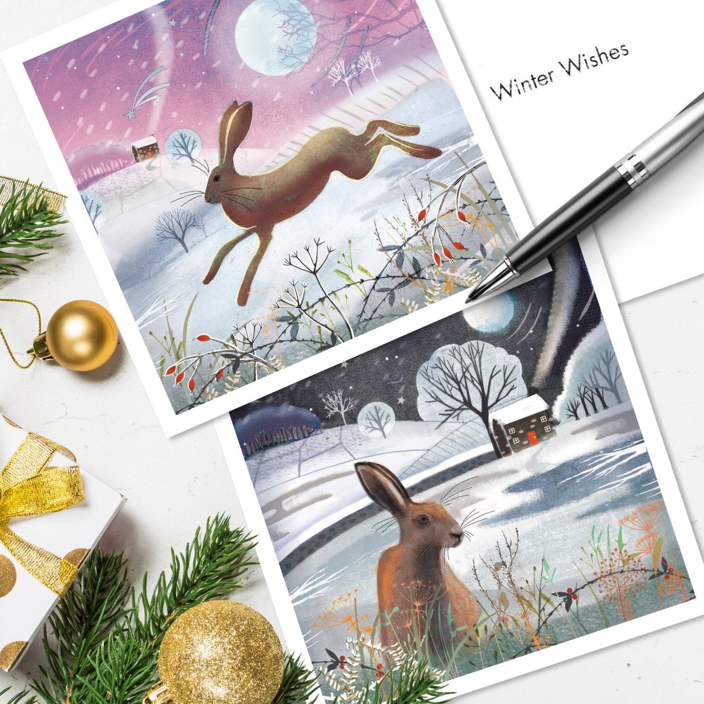 Box of 20 Moonlight Winter Hares Fairdeal Charity Christmas Cards