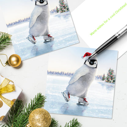 Box of 16 Festive Skating Penguin Glittered Avanti Christmas Cards