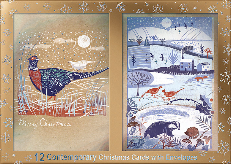 Box of 12 Birds & Winter Scene Contemporary Foiled Christmas Cards