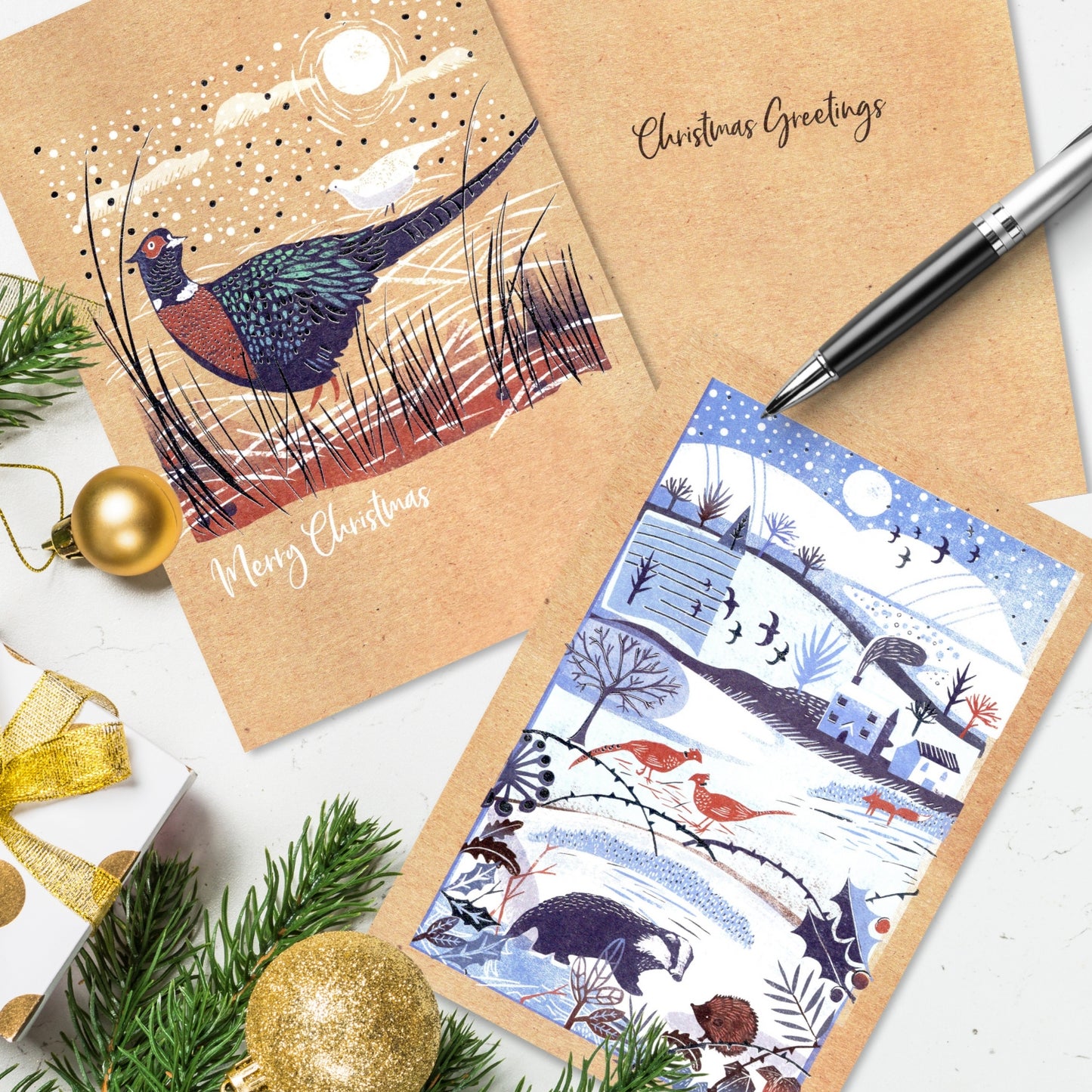 Box of 12 Birds & Winter Scene Contemporary Foiled Christmas Cards