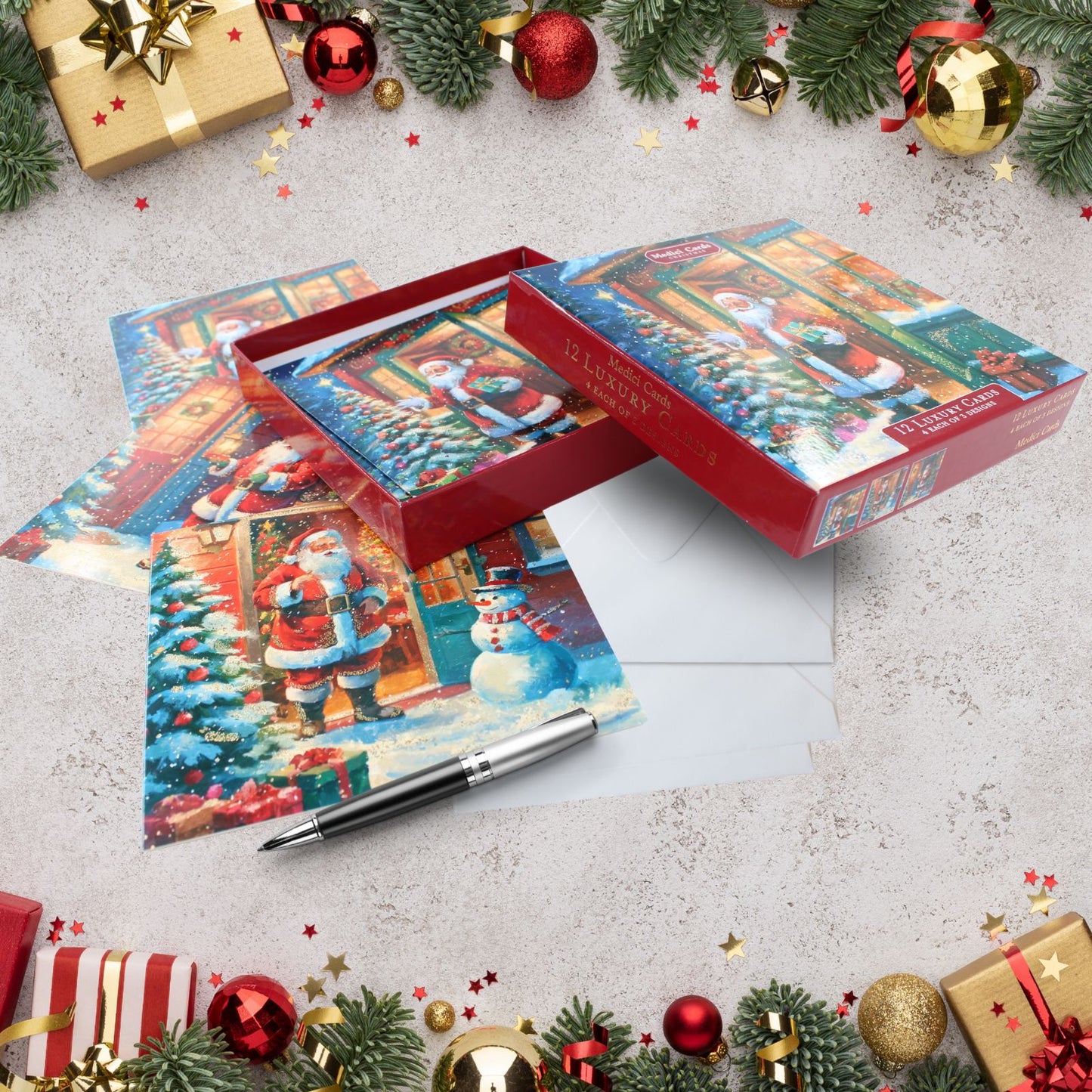Medici Box of 12 Christmas Cards Santa Themed Luxury Xmas Cards In 3 Designs