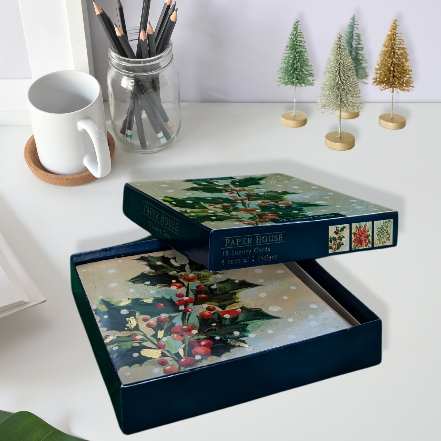 Box Of 12 Paper House Festive Xmas Flora Christmas Cards In 3 Designs